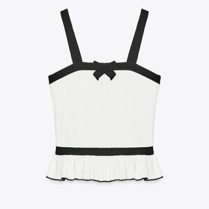 Zara Women White Ribbed Knit Peplum Camisole Top Black‎ Bow Trim Medium 4770/117